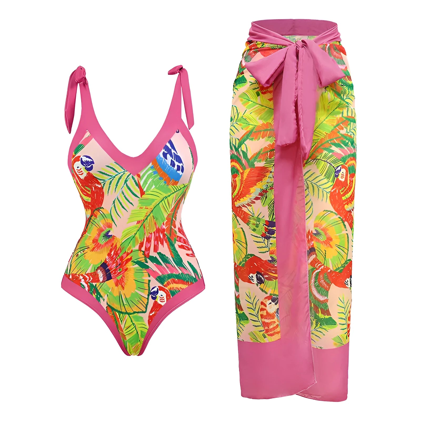 Women's solid colour one-piece swimsuit with spaghetti straps and a matching detachable skirt.