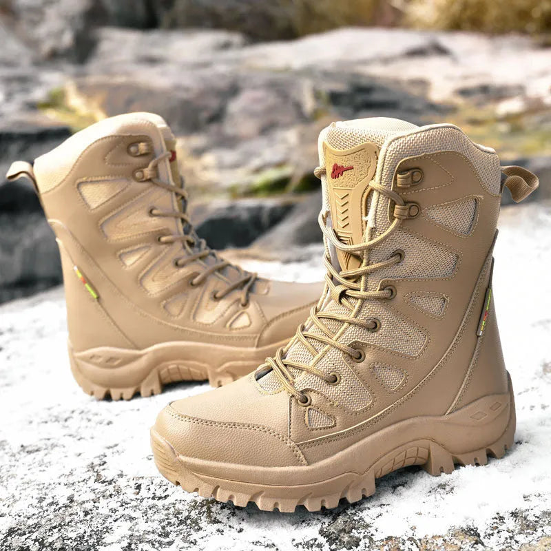 Cowhide leather hi-top hiking shoes in black, brown and beige colours on size chart background