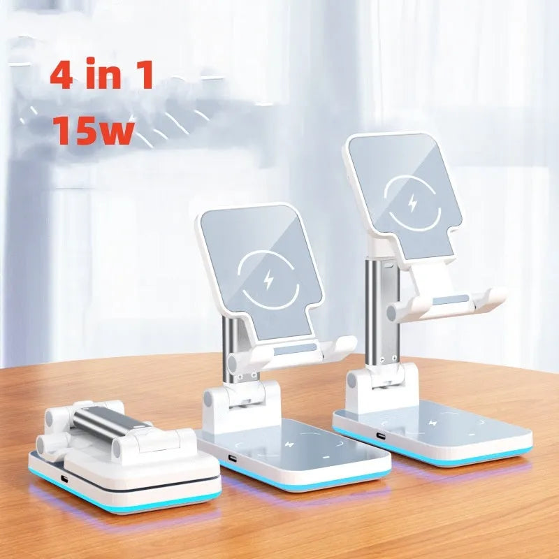 Black and white desktop wireless charging mobile phone holder on a wooden desk.
