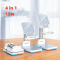 Black and white desktop wireless charging mobile phone holder on a wooden desk.