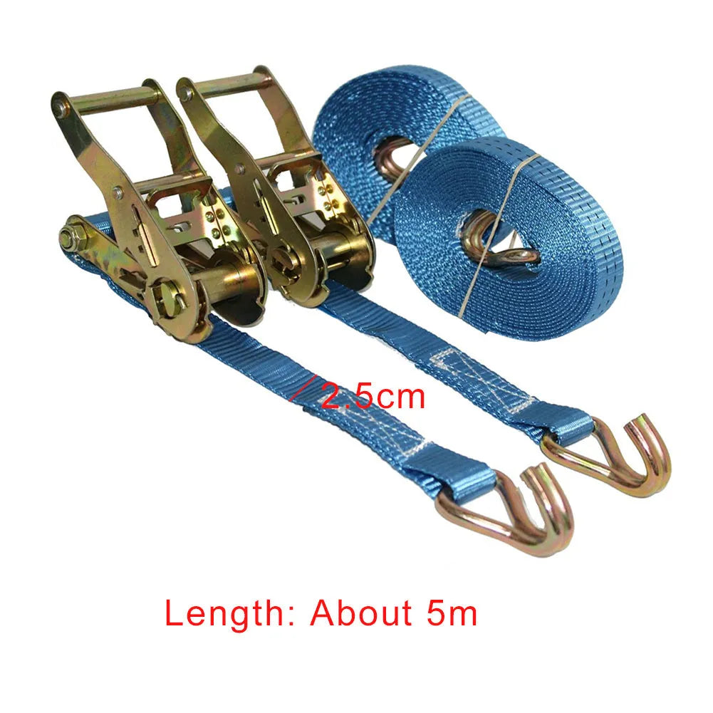 Ratchet tensioner cargo binding strap with double steel hooks on a polyester belt.
