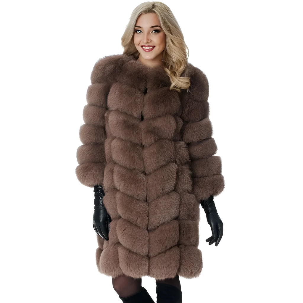 Women's 80cm long artificial fur coat in regular sleeve style available in multiple colours