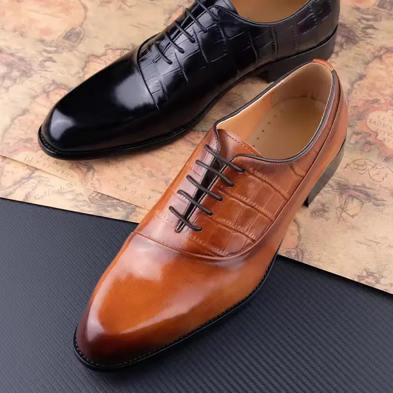 Men's handmade cowhide leather pointed toe dress shoes in brown and black