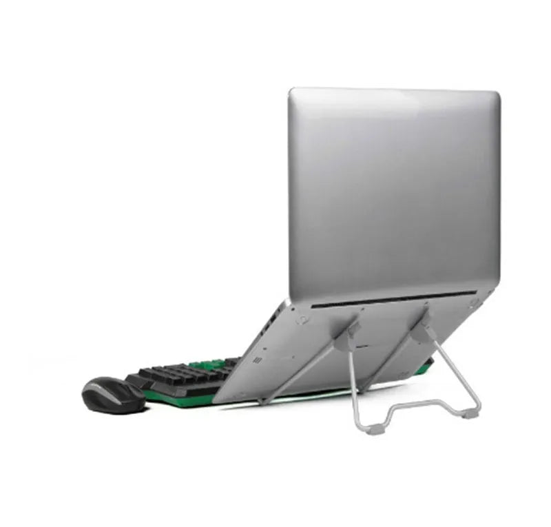 Grey aluminium alloy and plastic desktop stand holding a mobile phone and a laptop.