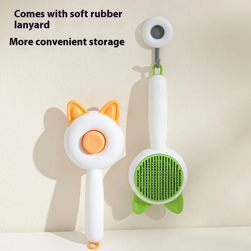 Circular greenish white pet grooming brush with stainless steel teeth and rubber massage nodules.