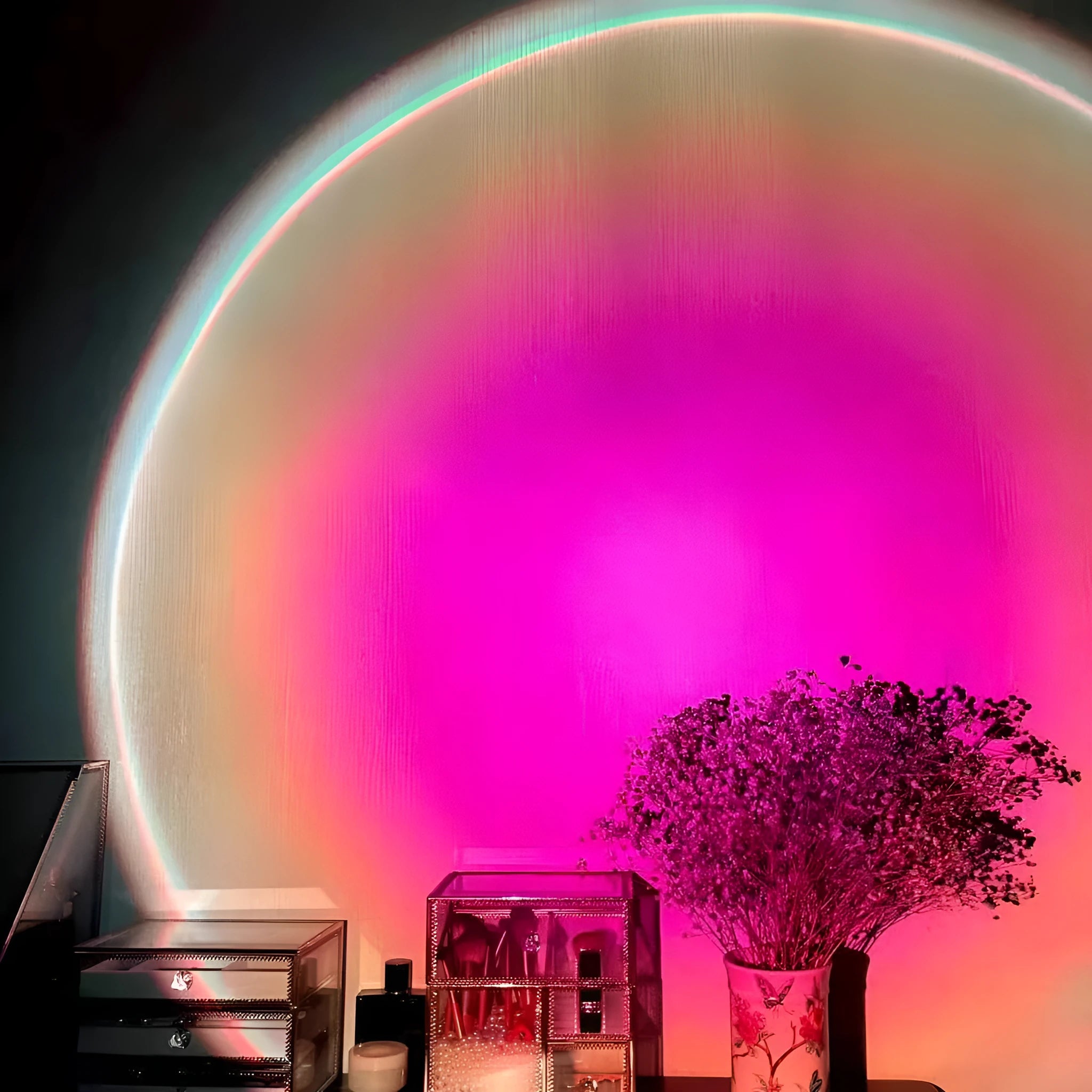 Sunset red rechargeable rainbow projection lamp with USB power connection and push-button control