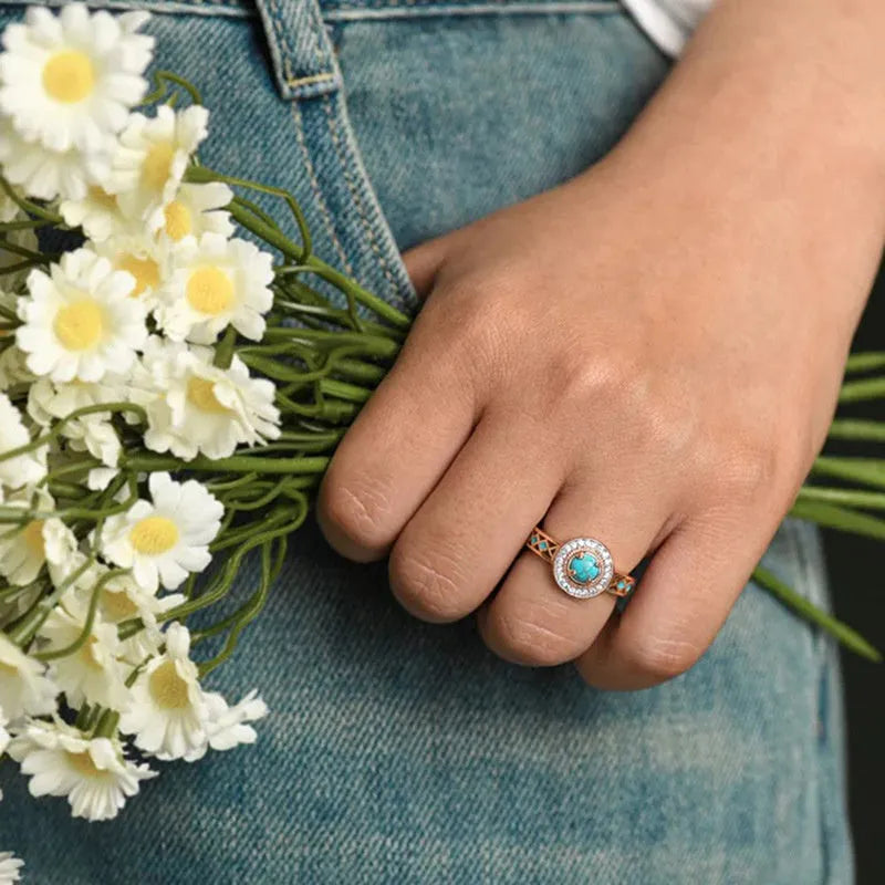 Women's turquoise ethnic geometric ring with rose gold finish and inlaid zircon details