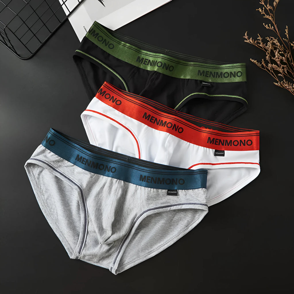 Men's low waist cotton briefs in a grey and red colour combination on a white background.