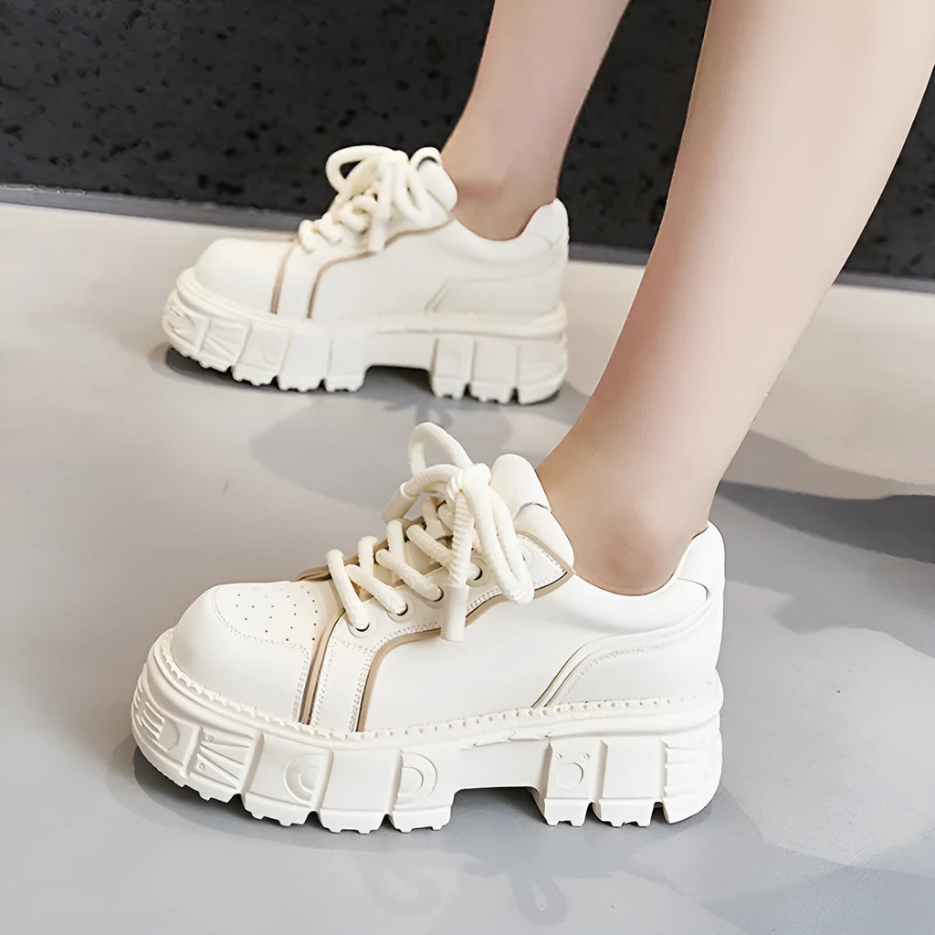 Women's beige muffin bottom leather shoes with height increasing sole and rubber foam construction