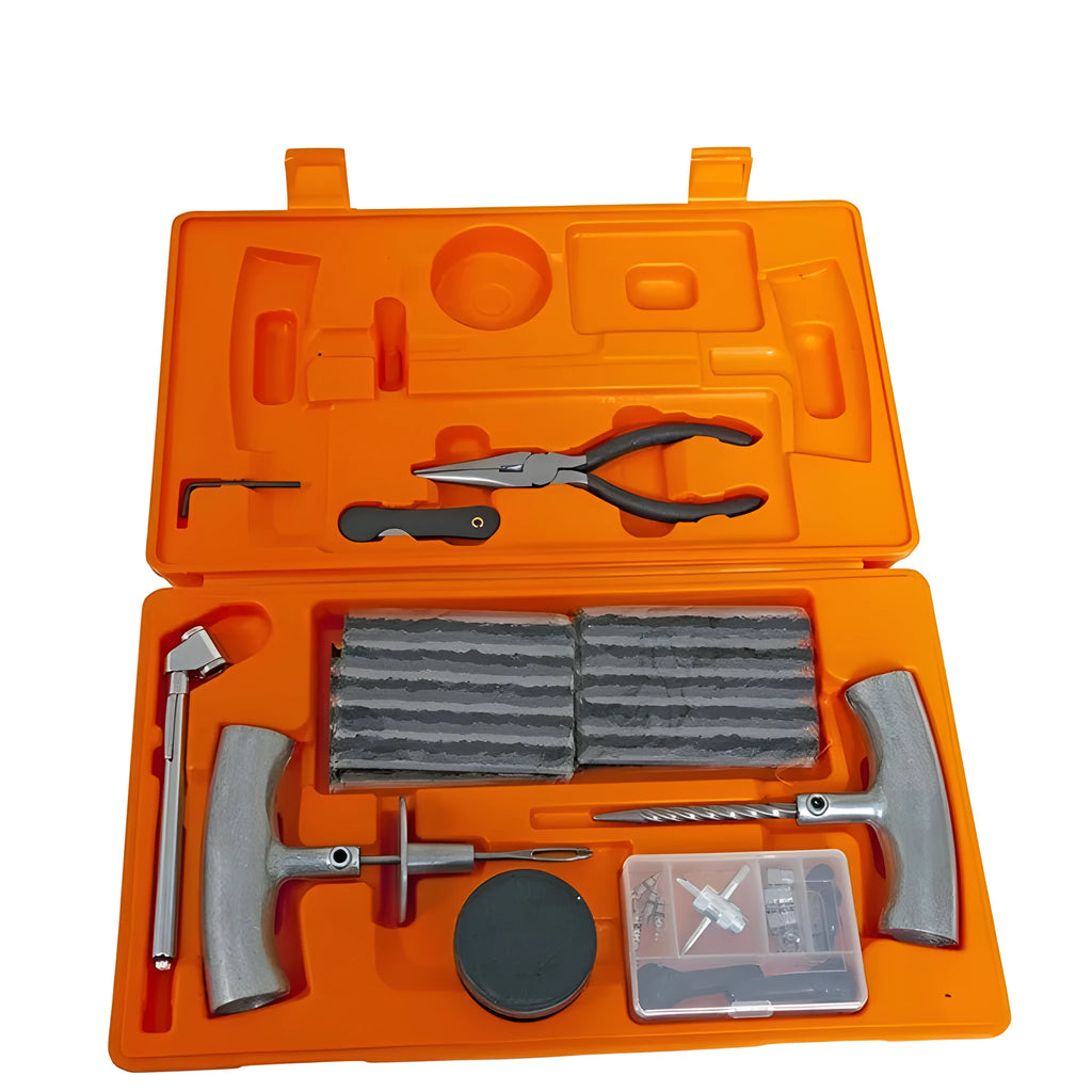 Emergency tyre repair tool kit with pressure gauge and tools in compact case