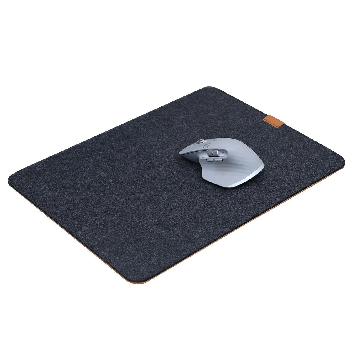 Japanese style simple desk mat in grey felt and cork, shown with keyboard and mouse.