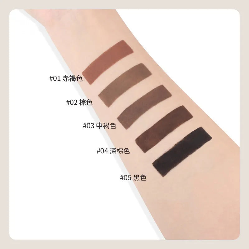 Double-headed eyebrow cream tube showing pencil and powder ends, with colour options reddish brown, brown, light brown, dark brown, and black.