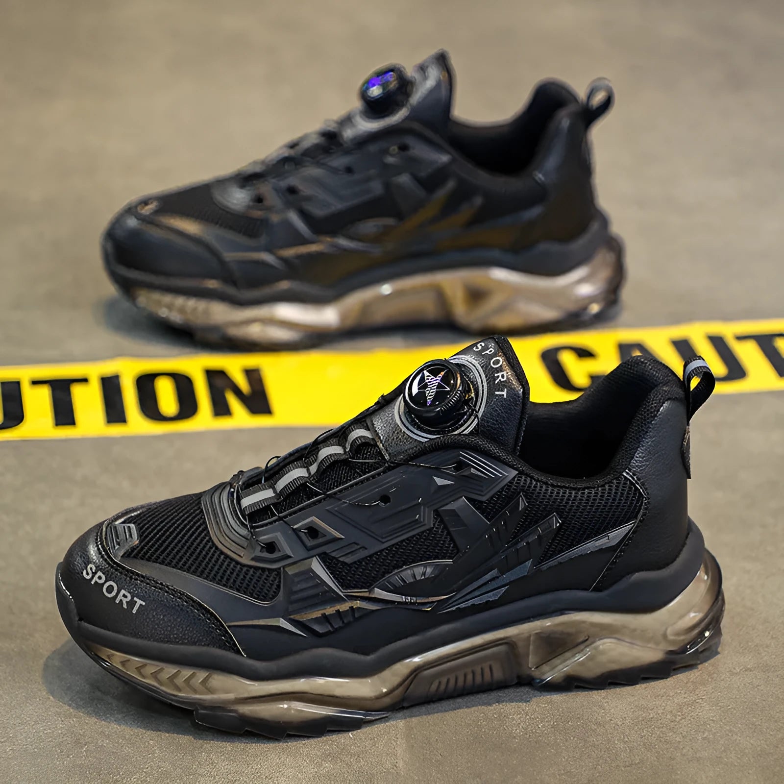 Men's black rotating button casual shoes with mesh upper and platform sole for height increase