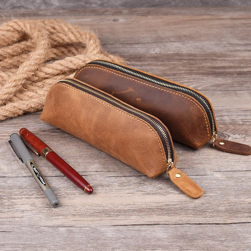 Square leather glasses and pen case with zipper closure in four colour options