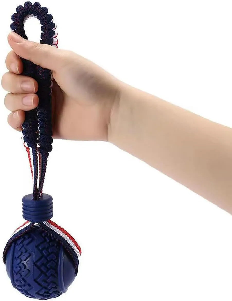 Blue natural rubber dog ball with rope attachment for small medium dogs