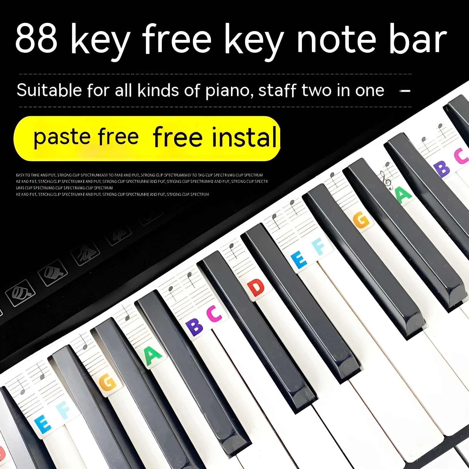 Set of white cardboard piano keyboard stickers showing colour note bars and black note labels for 88 keys.