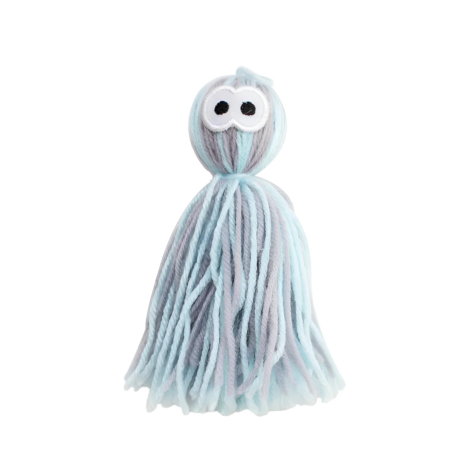 Wool ball cat toy with hanging loop in blue grey, pink and blue, and pink purple colour options