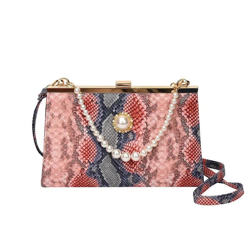New vintage snake-pattern pearl-chain evening bag in khaki with hard rectangular shape and single strap