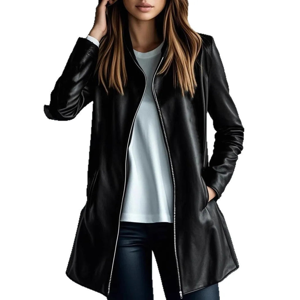 Black mid-length polyester leather jacket for women on a hanger.