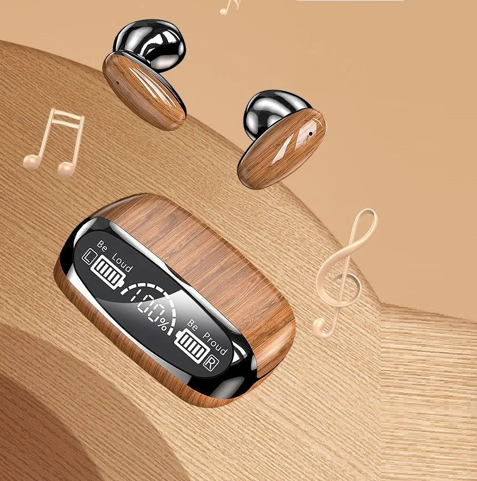 M35 wood grain finish wireless TWS earphones with charging case on display