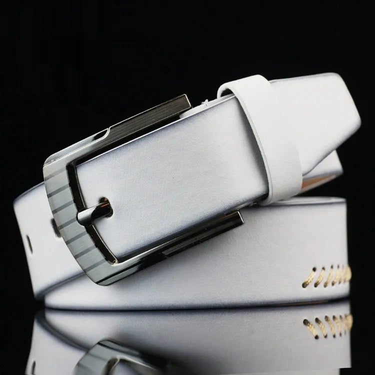 Men's retro threading pattern casual belt with alloy pin buckle in black colour