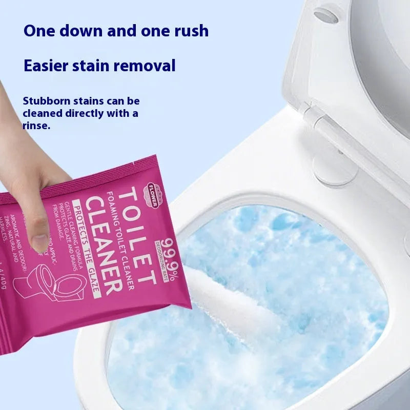 Box and bag options of blue and pink fragranced toilet bubble powder cleaning tablets.