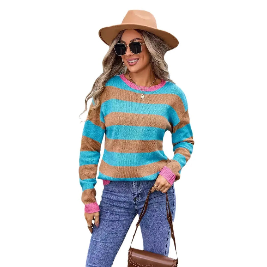 Women's loose-fitting floral patterned acrylic sweater in blue with round neck and long sleeves