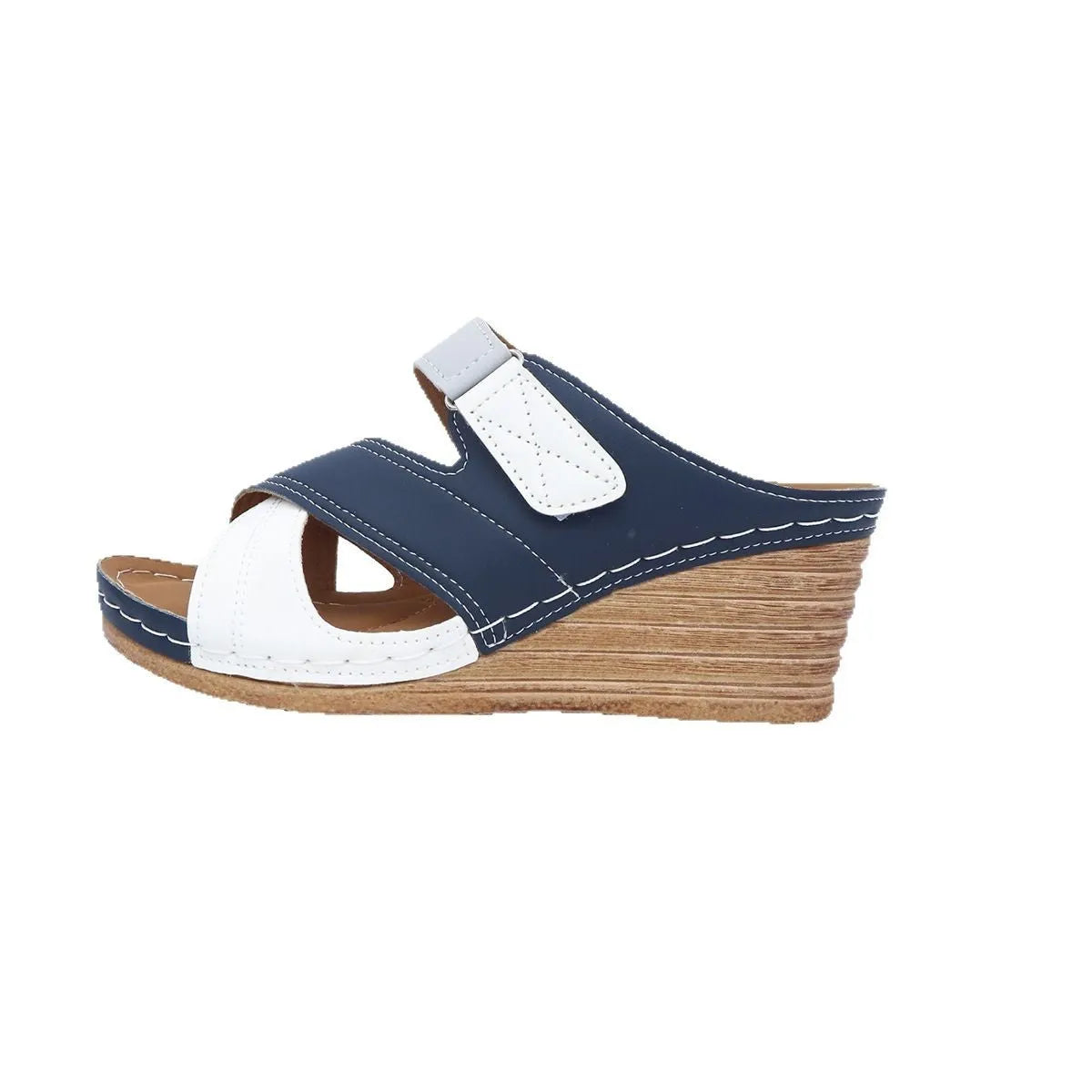 Women's wedge slippers with fish mouth toe design and Velcro straps in multiple colour combinations