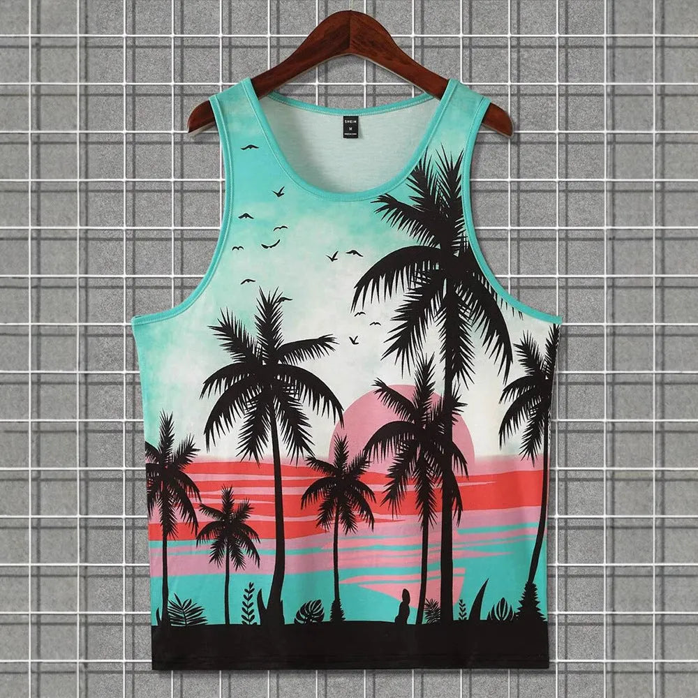 Man wearing a solid-colour 3D printed Hawaiian style sleeveless vest top