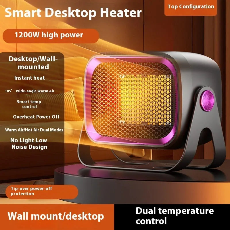 Compact grey desktop ceramic heater with rotatable grill on a wooden desk.