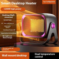 Compact grey desktop ceramic heater with rotatable grill on a wooden desk.