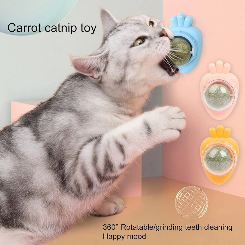 Blue carrot-shaped catnip ball toy with self-adhesive sticker for wall mounting