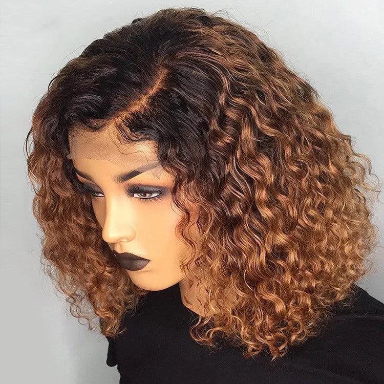 Burgundy gradient real human hair lace front short bob wig with slanted bangs