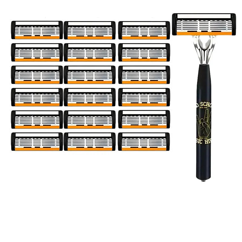 Black manual shaver handle with six-layer replacement blades for beard grooming tools