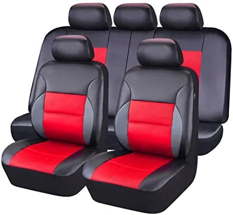 Set of black artificial leather car seat covers showing front and backseat pieces.