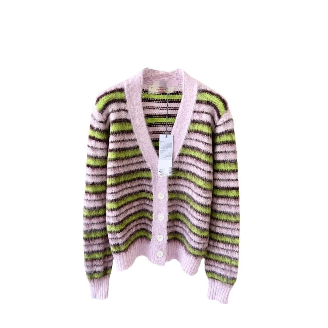 Pink wool knitted cardigan sweater with contrast colour details and regular sleeves