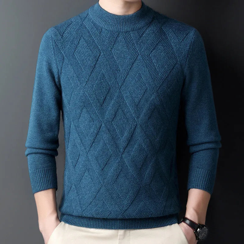 Men's grey diamond jacquard pattern wool blend heavyweight pullover sweater on a hanger.
