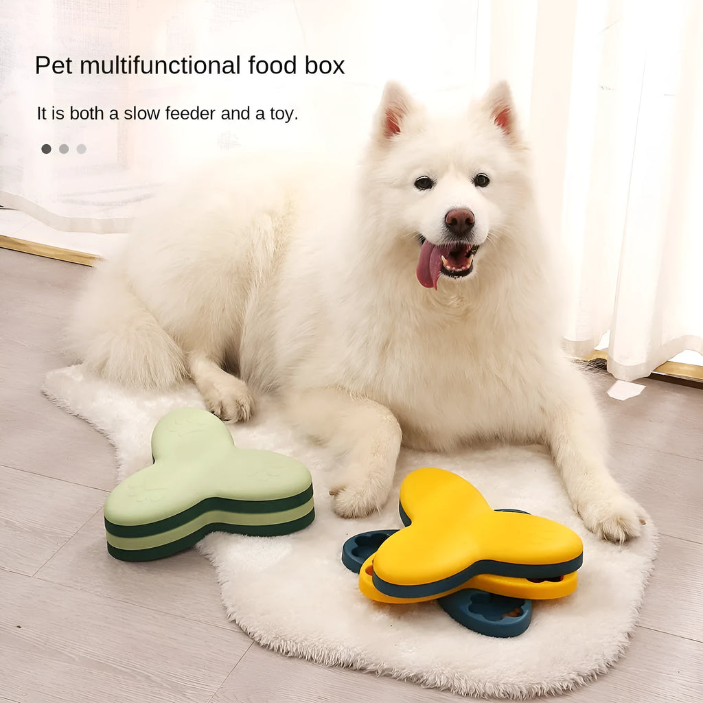 Green dog puzzle toy with bone-shaped lids and non-slip base for treat dispensing