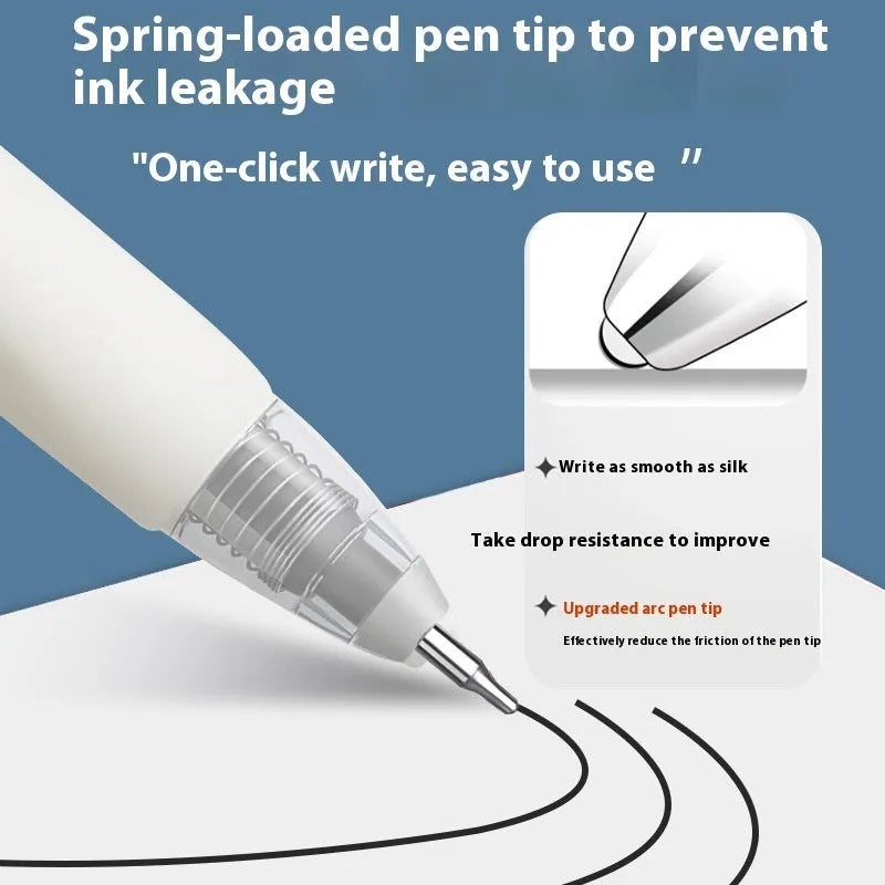 Four quick-drying pen refill cartridges showing black, blue, red, and ink blue colours with 500m writing length text.