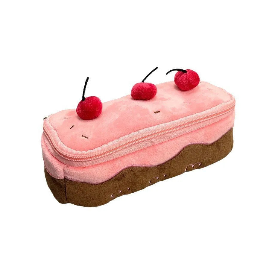 Cherry Cake design velvet plush pencil case with zip closure