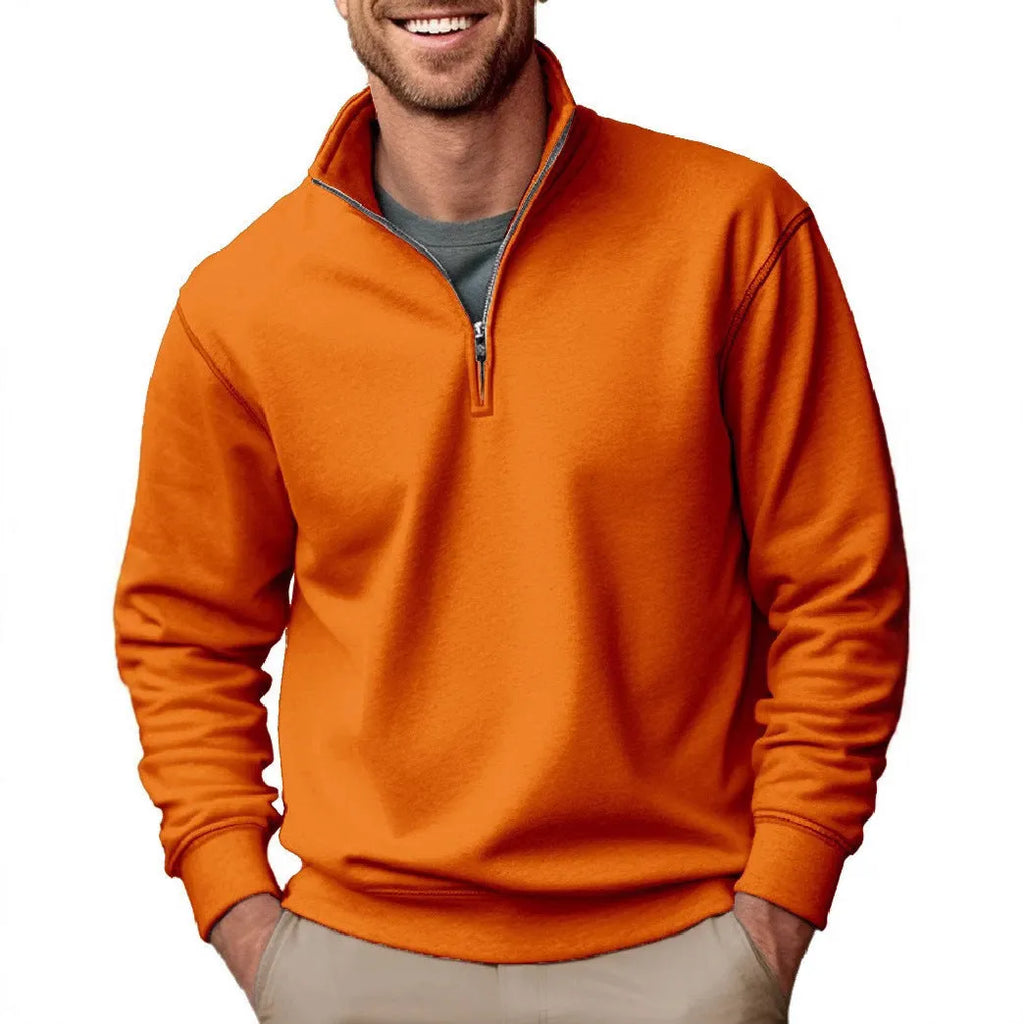 Men's pullover sweater in purple velvet polyester with zipper stand collar, loose fit, long sleeves, and chest patch pocket