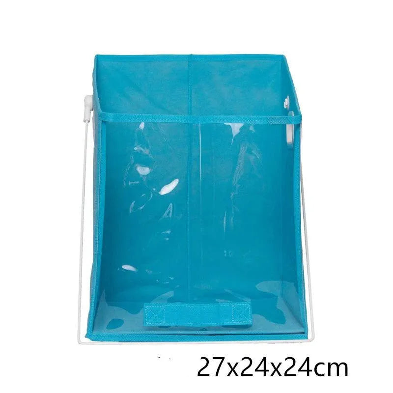 Blue folding storage basket with clear front panel placed on a wire shelf, large size 41x33x33cm