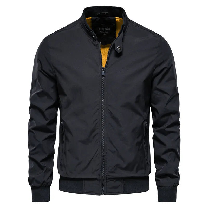 Men's casual thin jacket in polyester fabric showing dark blue, black and army green colour options