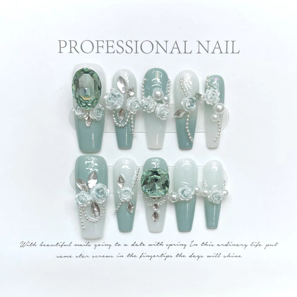 Women's green camellia pattern diamond bracelet with matching plastic armour suit jewellery set