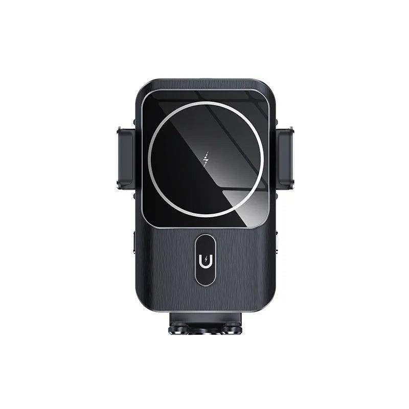 Black car wireless charger phone holder showing clip and suction cup mounting options