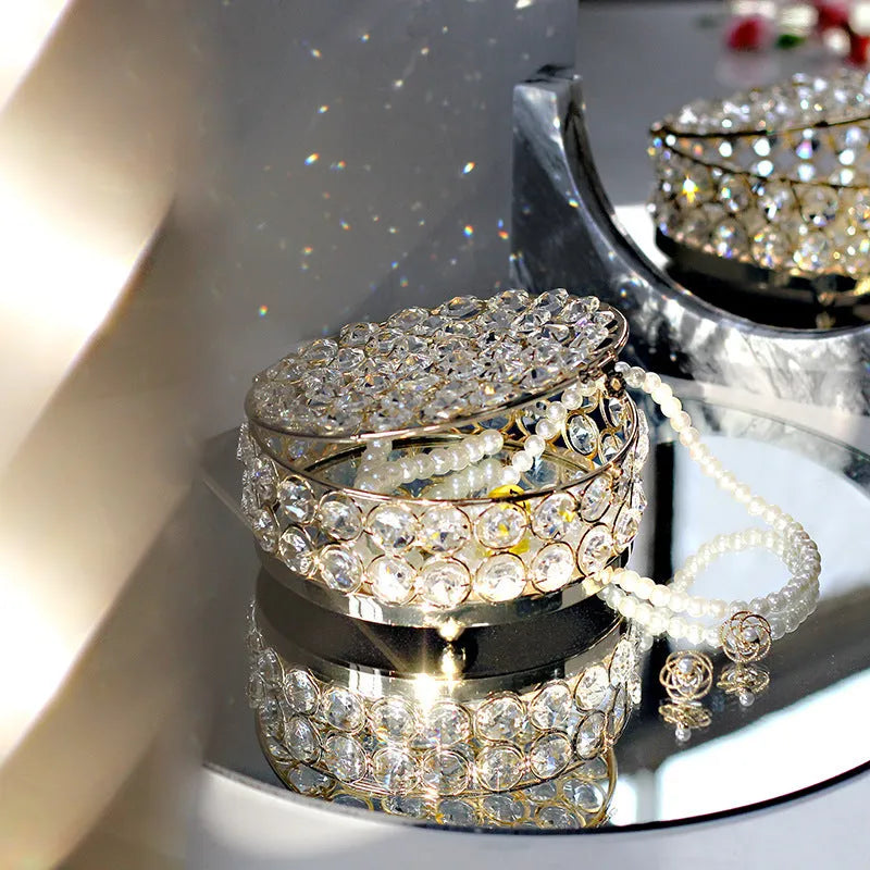 French gold European style jewellery storage box with transparent crystal glass panels and iron metal construction