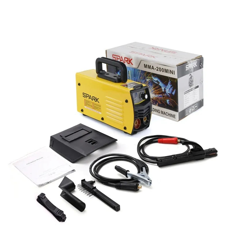 MMA-200MIN 220V DC inverter welding machine with welding tongs, grounding clamps, face shield and brush hangers
