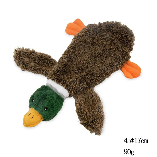 Green wild duck design stuffless squeaky dog toy with fabric plush material.
