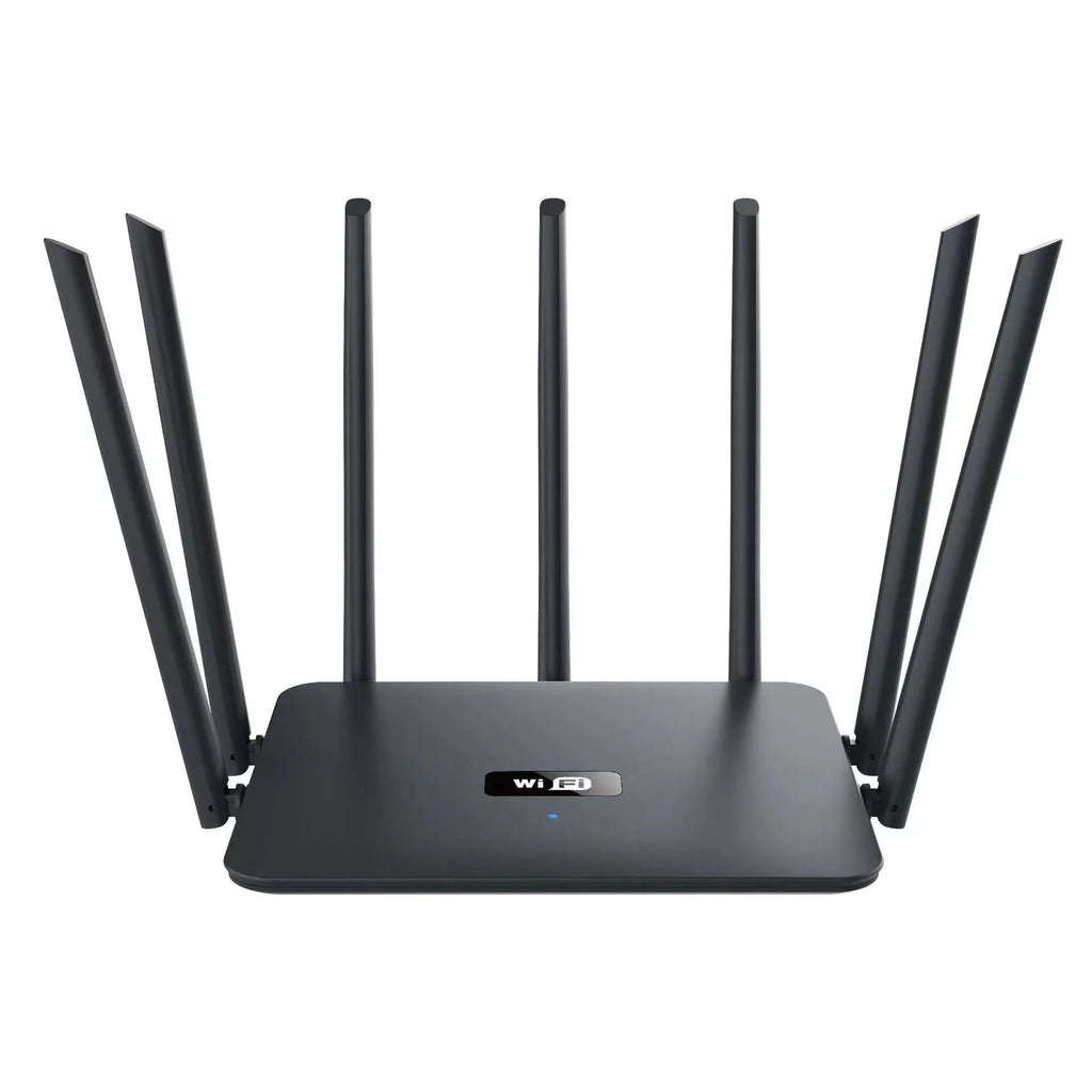 White dual-band gigabit router with five external antennas for wall-penetrating home WiFi coverage
