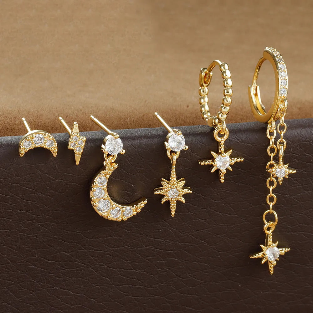 Gold chain tassel earrings set with zircon studs, six pieces electroplated on copper